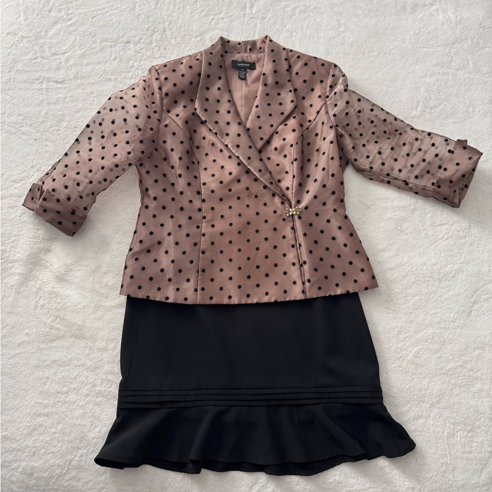 R&M Richards Polka Dot Jacket and Black Ruffle Skirt Set